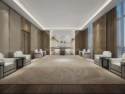 Elegant Lounge Area with Wooden Walls Large Windows Carpet White Sofas Coffee Tables Landscape Painting 3d model