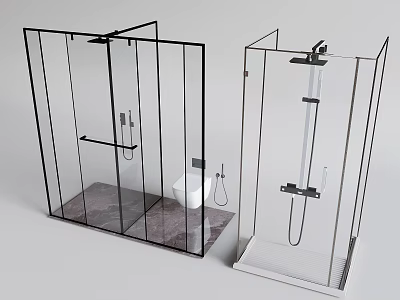 Modern Design Shower Head With Glass Enclosure And Black And White Framed Stalls 3d model
