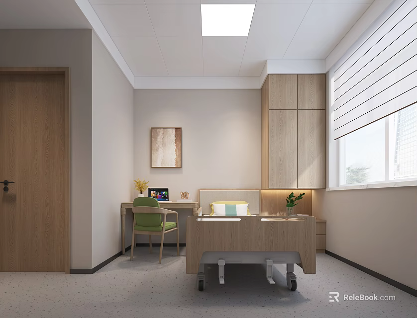 Hospital Outpatient Clinic Room Interior With Medical Bed Desk Chair Cabinets Window Blinds And Painting 3d model 