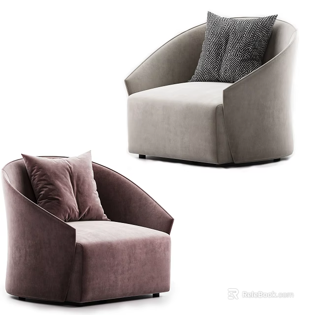 Modern Single Seater Sofa with Curved Design Gray Purple Upholstery and Decorative Pillows 3d model 