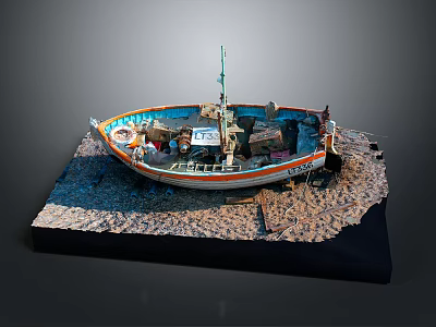 Wooden Boat Model with Orange White Hull on Coastal Display Base and Sand Water Elements 3d model