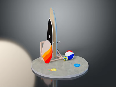 Surfboard Stand With Beach Ball Discs And Outdoor Sports Equipment Setup 3d model