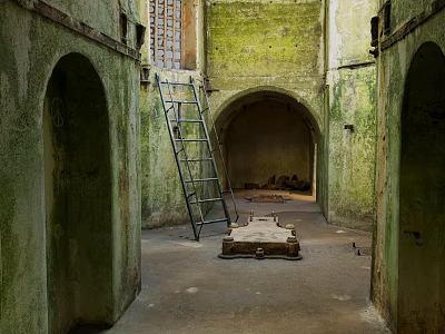 Abandoned Stone Chamber Featuring Green Mossy Walls Archways Ladder And Stone Coffin 3d model