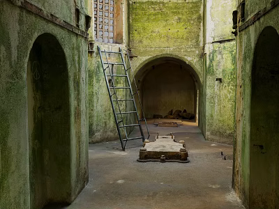 Abandoned Stone Chamber Featuring Green Mossy Walls Archways Ladder And Stone Coffin 3d model