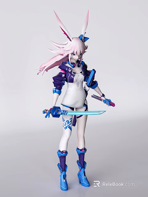 Woman With Pink Long Hair In White Top Holding Blue Sword In Futuristic Tech Style 3d model 