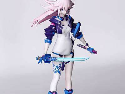 Woman With Pink Long Hair In White Top Holding Blue Sword In Futuristic Tech Style 3d model