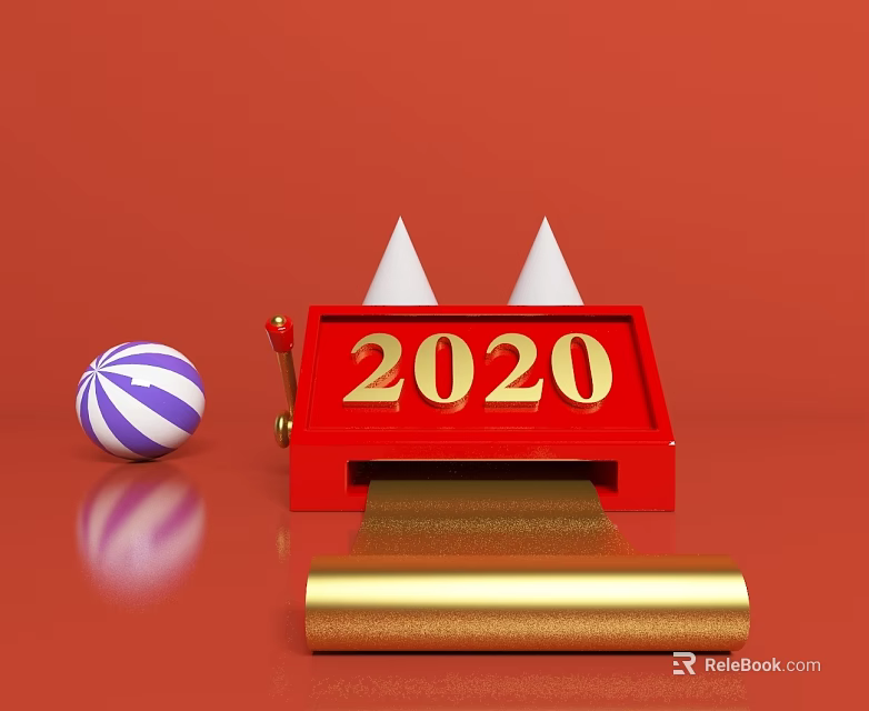 Red Hinged Door With Golden 2020 Numbers White Cones And Blue White Striped Ball 3d model 