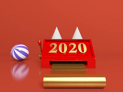 Red Hinged Door With Golden 2020 Numbers White Cones And Blue White Striped Ball 3d model