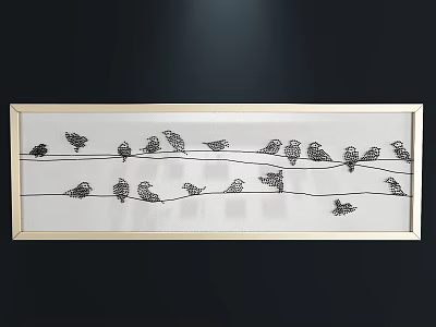 Black Birds Perched on Wires with Flying Bird in Golden Framed Animal Painting 3d model