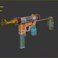 Colorful Toy Weapon Design With Yellow Red Body Brown Barrel And Blue Attachments