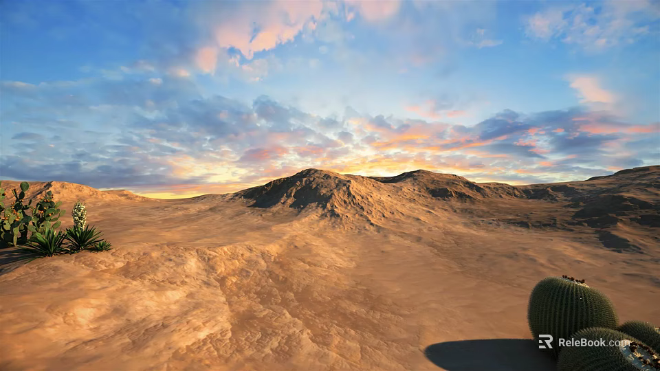 Desert Landscape With Sunset Sky Pink Orange Clouds Distant Mountains And Cactus 3d model 