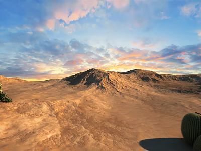 Desert Landscape With Sunset Sky Pink Orange Clouds Distant Mountains And Cactus 3d model