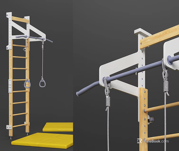 Durable Home Gym Sports Equipment Featuring Wooden Ladder Metal Bars And Hanging Rings 3d model 
