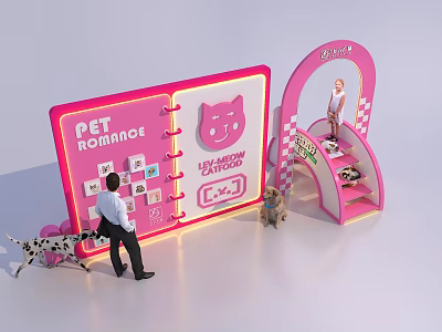 Pink Pet Themed Photo Check in Spot with Cartoon Cat and Arch Structure 3d model