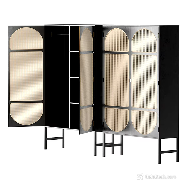 Stylish Black Storage Cabinet Featuring Rattan Doors And Circular Rectangular Panels 3d model