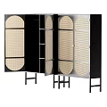 Stylish Black Storage Cabinet Featuring Rattan Doors And Circular Rectangular Panels 3d model