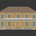 Two Story Yellow Building Model With Red Tiled Roof Balcony Porch Columns And Windows
