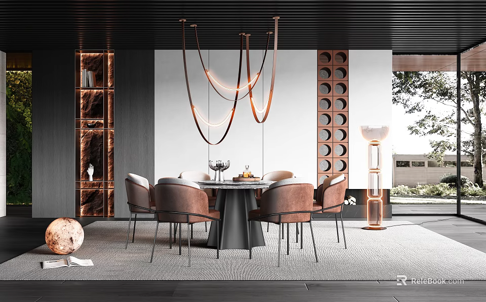 Modern Restaurant Interior With Round Dining Table Brown Chairs Pendant Lights And Decorative Wall 3d model 
