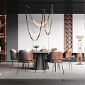 Modern Restaurant Interior With Round Dining Table Brown Chairs Pendant Lights And Decorative Wall