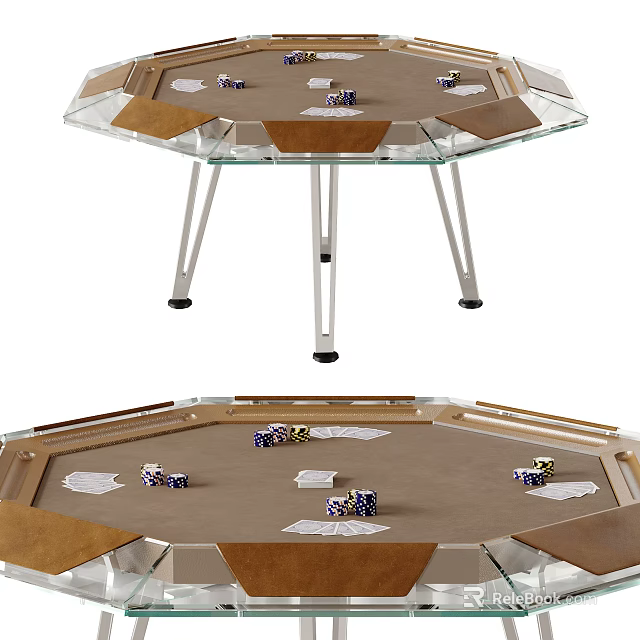 Elegant Home Octagonal Poker Entertainment Table With Glass Edge Sturdy Metal Legs Cards And Chips 3d model 