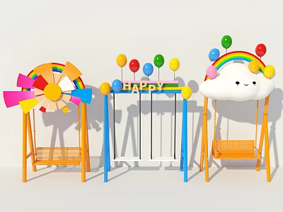 Fun Children's Playground Equipment With Swings Happy Sign Pinwheel Cloud And Rainbow 3d model