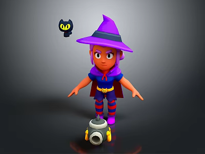 Witch Character with Purple Hat and Black Cat in Blue Outfit and Red Striped Socks 3d model