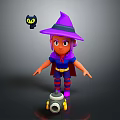 Witch Character with Purple Hat and Black Cat in Blue Outfit and Red Striped Socks