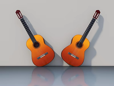 Two Acoustic Guitars Leaning Against White Wall With Floor Reflections 3d model