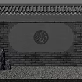 Chinese Scenic Wall with Fu Character Relief Tile Roof Gray Brick Stone and Green Plants