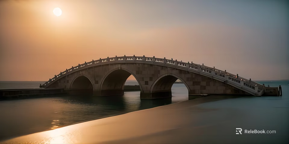 Scenic Classical Stone Arched Bridge With Railing Over Calm Water At Sunset 3d model 