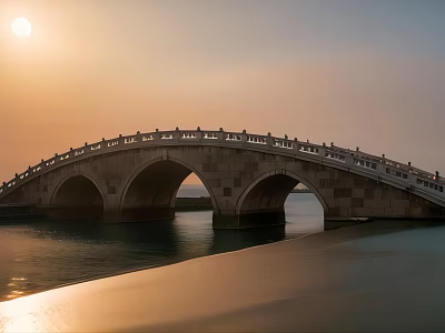 Scenic Classical Stone Arched Bridge With Railing Over Calm Water At Sunset 3d model