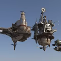 Floating Mechanical Airships With Steampunk Design And Metal Components In Blue Sky