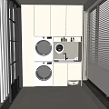 Modern Home Balcony Laundry Area With Stacked Washer Dryer White Cabinets Sink And Blinds