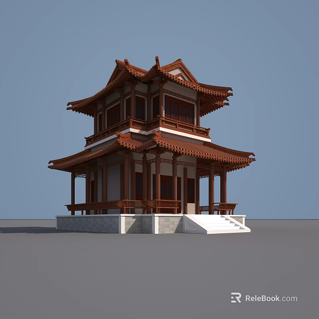 Ancient Architecture Two Story Wooden Pavilion With Red Tiled Roof Ornate Eaves Stone Platform 3d model 