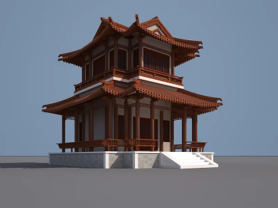 Ancient Architecture Two Story Wooden Pavilion With Red Tiled Roof Ornate Eaves Stone Platform 3d model