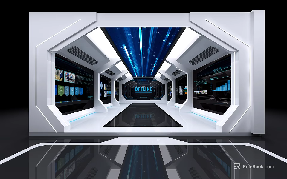 Futuristic Exhibition Hall Interior With Blue Lighting Digital Screens And Data Visualization 3d model