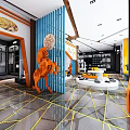 Modern Clothing Store Interior With Orange Lion Sculpture Round Display Platform Blue Partition Geometric Floor