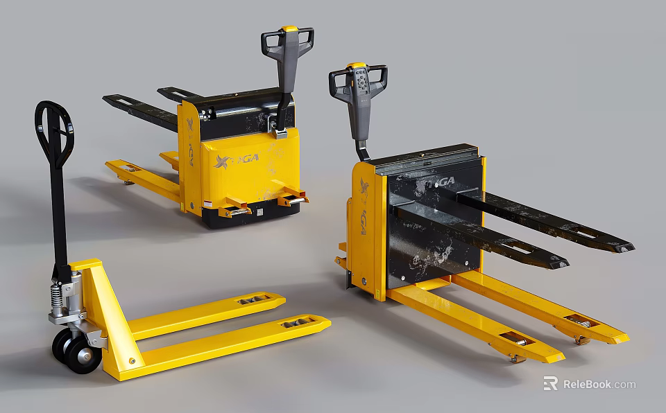 Durable Industrial Equipment Featuring Three Yellow Pallet Trucks For Efficient Material Handling 3d model 