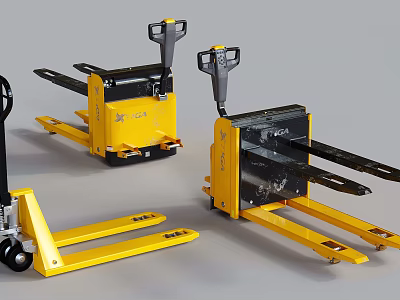 Durable Industrial Equipment Featuring Three Yellow Pallet Trucks For Efficient Material Handling 3d model