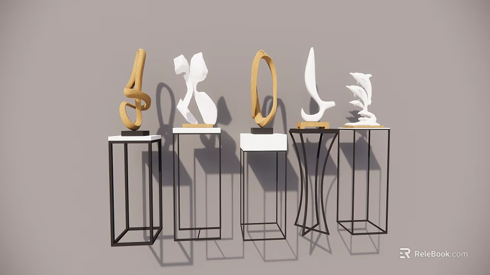 Modern Abstract Sculptures with Unique Shapes on Metal Geometric Stands 3d model 