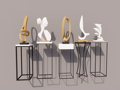 Modern Abstract Sculptures with Unique Shapes on Metal Geometric Stands 3d model