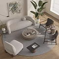 Modern Light Colored Sofa and Woven Coffee Table Set with Accent Chairs Green Plants and Round Rug