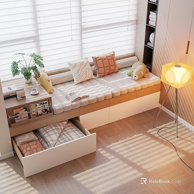 Cozy Bay Window Nook With Striped Cushion Pillows Drawer Storage Potted Plant And Floor Lamp 3d model 