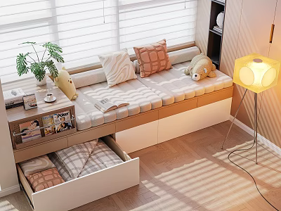 Cozy Bay Window Nook With Striped Cushion Pillows Drawer Storage Potted Plant And Floor Lamp 3d model