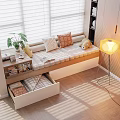 Cozy Bay Window Nook With Striped Cushion Pillows Drawer Storage Potted Plant And Floor Lamp