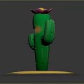 Cartoon Cactus With Pink Flower On Head Happy Expression Yellow Sand Under