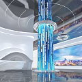Modern Exhibition Hall Interior With Blue Column White Curved Structure And City View Windows
