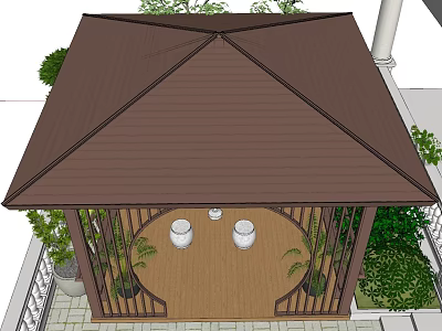 Garden Pavilion With Brown Roof Wooden Floor Columns Railing And Surrounding Green Plants 3d model