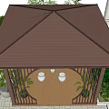 Garden Pavilion With Brown Roof Wooden Floor Columns Railing And Surrounding Green Plants