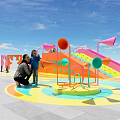 Colorful Interactive Play Area with Slides Circular Structures Playful Flags and Children Playing 3d model